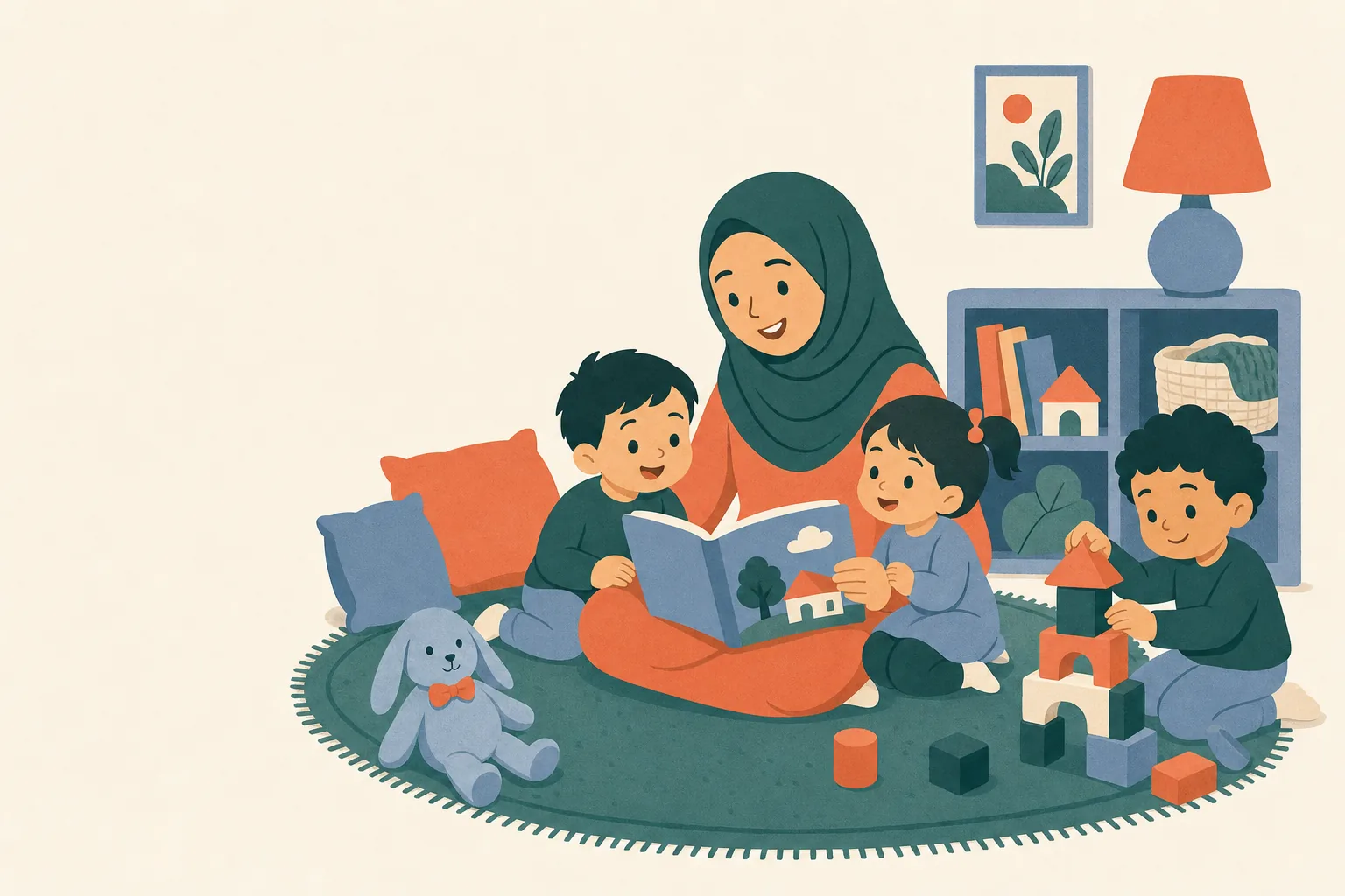 A hijabi babysitter reading a book to young children while another plays with blocks